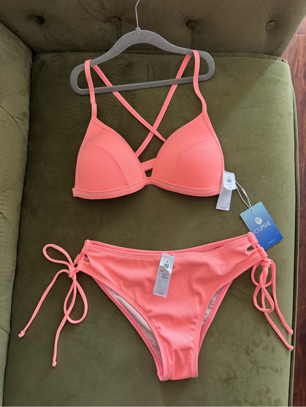 Cupshe Coral Pink Ribbed Crisscross Tie-Side Bikini